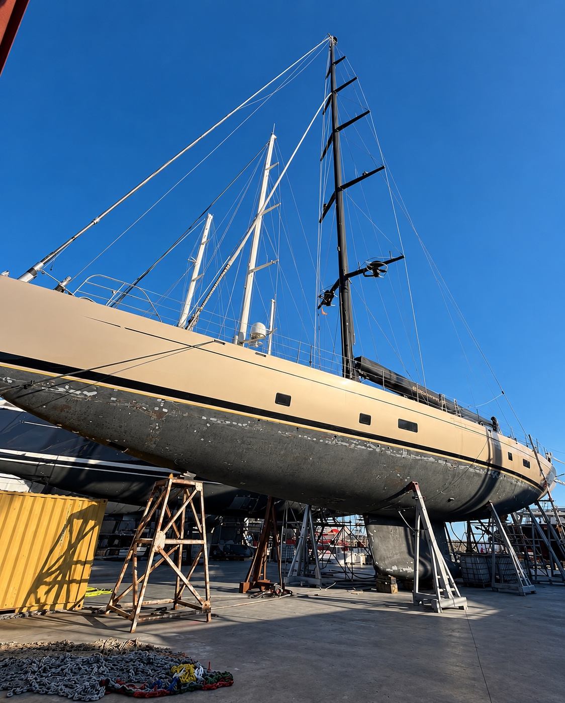 Sailing yacht on stands in the boatyard under a clear blue sky